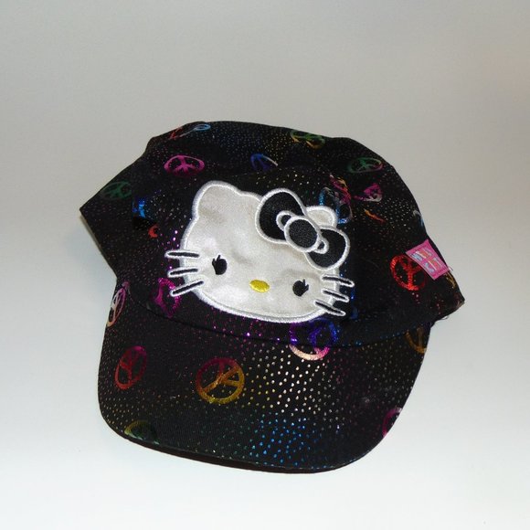 Hello Kitty Girls Black Peace Sign Baseball Cap San Rio Cadet Style - Picture 1 of 4
